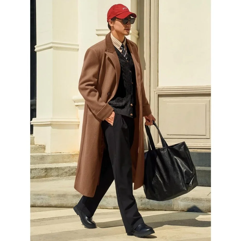 Men's Coffee Full Length Trench Coat Notched Lapel Long Jacket Double Breasted - Picture 4 of 5